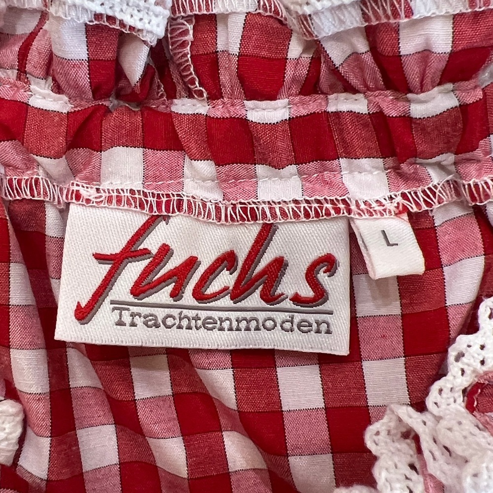 Fuchs Red and White Gingham Crochet Trim Lace-Up Back Off Shoulder Peasant Top - Picture 7 of 12